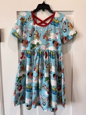 Kids Light Blue Toy Story Character Dress with Red Trim